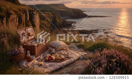 Coastal Picnic at Sunset: Wicker Basket and Food on a Cliffside Coastal Picnic at Sunset: Wicker Basket and Food on a Cliffside 128389915