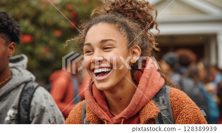 Happy Young Woman Laughing Outdoors 128389939