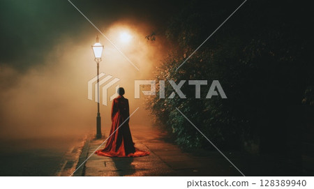 Woman in Red Dress Walking Alone at Night in Fog 128389940