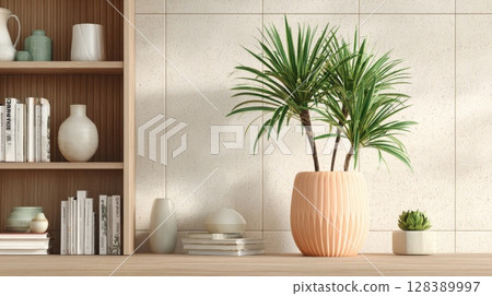 Modern Home Decor with Green Plant in a Peach Pot 128389997