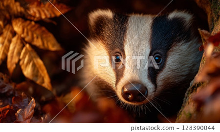 Closeup Portrait of a Badger in Autumn Forest 128390044