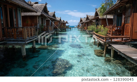 Overwater Bungalows and Crystal Clear Water at Tropical Resort 128390045