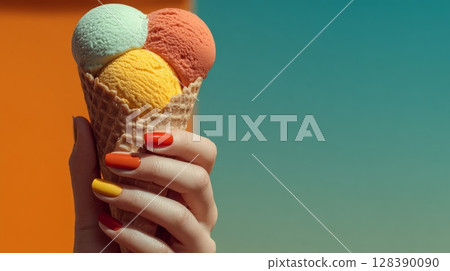 Woman's Hand Holding a Three-Scoop Ice Cream Cone Woman's Hand Holding a Three-Scoop Ice Cream Cone 128390090