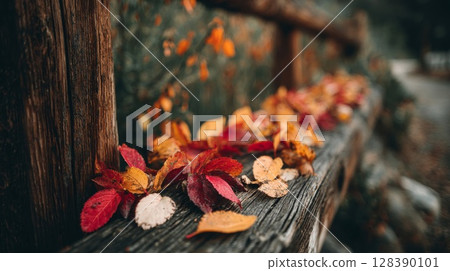 Red And Yellow Autumn Leaves On Rustic Wooden Bench Red And Yellow Autumn Leaves On Rustic Wooden Bench 128390101