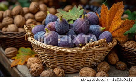 Purple Figs and Walnuts in a Rustic Basket Purple Figs and Walnuts in a Rustic Basket 128390118