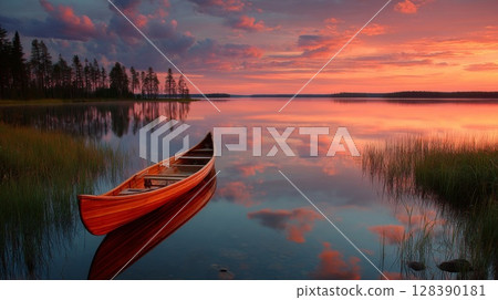 Canoe on Calm Lake at Sunset with Vibrant Sky 128390181