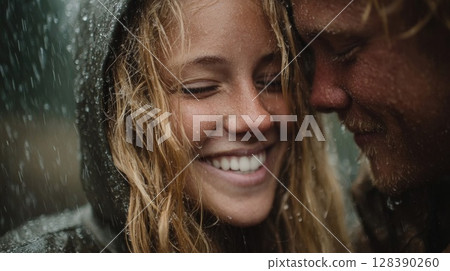 Happy Couple Embracing in the Rain 128390260