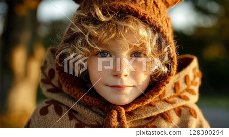 Portrait of a Cute Freckled Girl in a Brown Hooded Sweater 128390294