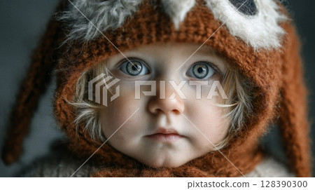 Closeup Portrait of Toddler Girl in Knitted Owl Hat 128390300