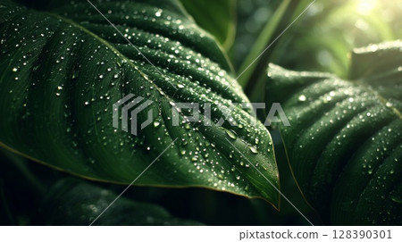 Closeup of Lush Green Leaves with Water Droplets 128390301