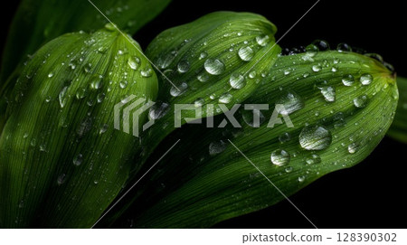 Close-Up of Lush Green Leaves with Water Droplets on Dark Background Close-Up of Lush Green Leaves with Water Droplets on Dark Background 128390302