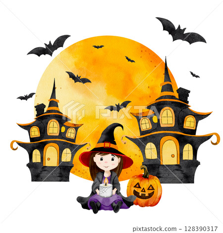 Watercolor Halloween illustration of little witch sitting with lit candle, next to pumpkin. Bright yellow moon, flying bats, and witch house on white background. Perfect for spooky designs and decor. 128390317