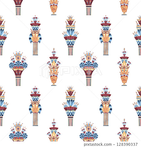 Egyptian ornament ancient column vase lotus seamless pattern. Ethnic symbols, ornate. Watercolor colorful illustration isolated from background. For souvenir products, textile, interior decorations Egyptian ornament ancient column vase lotus seamless pattern. Ethnic symbols, ornate. Watercolor colorful illustration isolated from background. For souvenir products, textile, interior decorations 128390337
