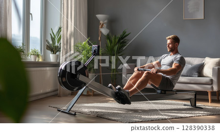 Muscular male rowing indoors, concentrating on fitness training during home workout session 128390338