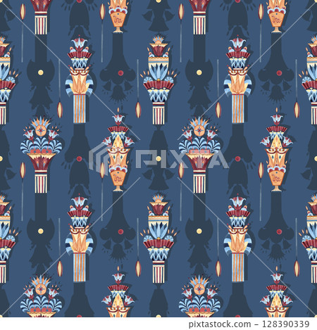 Egyptian vase lotus, ancient column seamless pattern. Ethnic symbols, ornate with shadows. Watercolor colorful illustration isolated on blue background. For souvenir products, textile, interior decor 128390339
