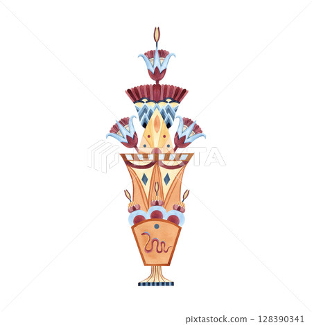 Egyptian vase with lotuses, column ancient symbols snake. Ethnic patterns, ornate. Watercolor illustration isolated from background. Ancient culture concept for souvenir, postcard. Vertical border Egyptian vase with lotuses, column ancient symbols snake. Ethnic patterns, ornate. Watercolor illustration isolated from background. Ancient culture concept for souvenir, postcard. Vertical border 128390341