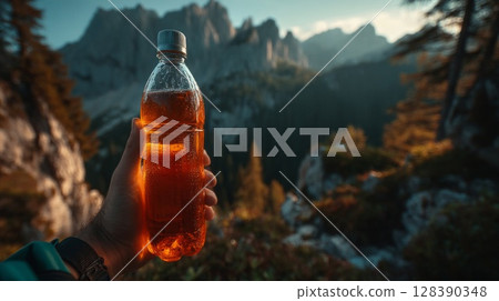 Hand Holding Amber Liquid Bottle Against Mountain Landscape 128390348