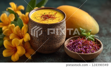 Golden Mango Lassi with Saffron in a Rustic Bowl 128390349