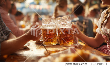 Two couples are toasting with large beer mugs at Oktoberfest, celebrating German culture and enjoying the festive atmosphere Two couples are toasting with large beer mugs at Oktoberfest, celebrating German culture and enjoying the festive atmosphere 128390391