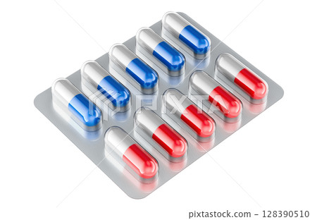 Blister pack with blue and red capsules. 3D rendering Blister pack with blue and red capsules. 3D rendering 128390510