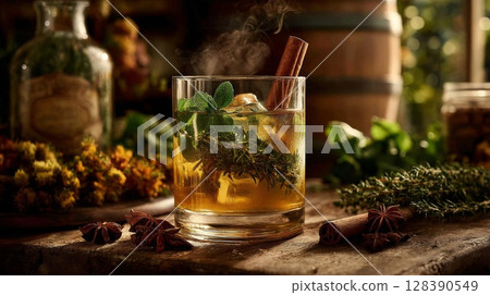 Warm Herbal Cocktail with Cinnamon and Mint 128390549