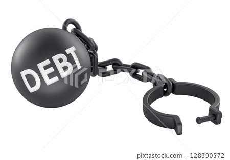 Debt concept, ball and chain shackle. 3D rendering Debt concept, ball and chain shackle. 3D rendering 128390572