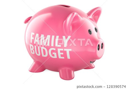 Family budget, piggy bank. 3D rendering Family budget, piggy bank. 3D rendering 128390574