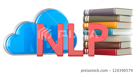 NLP natural language processing concept with cloud and books. 3D rendering NLP natural language processing concept with cloud and books. 3D rendering 128390579