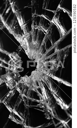 Close-up of shattered glass creating a hole, suggesting destruction and vandalism against a dark backdrop Close-up of shattered glass creating a hole, suggesting destruction and vandalism against a dark backdrop 128390582