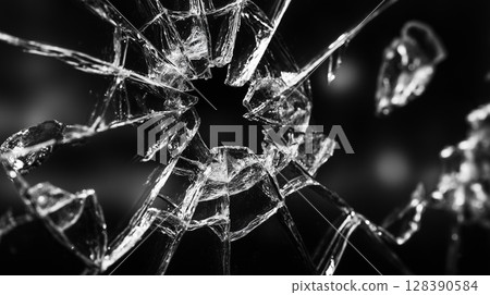 Close-up macro photograph showing shattered glass with cracks forming an abstract design on a dark background Close-up macro photograph showing shattered glass with cracks forming an abstract design on a dark background 128390584