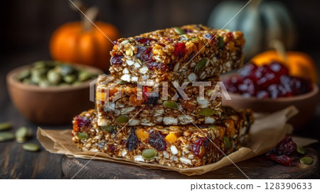 Stacked Granola Bars with Pumpkin and Cranberries 128390633