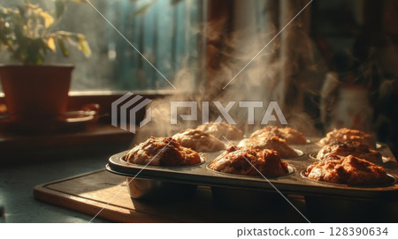Steaming Homemade Muffins on a Wooden Board 128390634