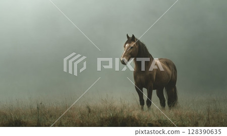 Brown Horse in a Misty Field 128390635
