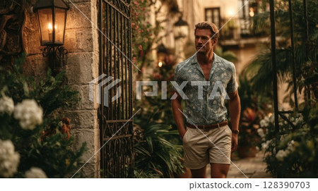 Man in Tropical Print Shirt and Tan Shorts Walking Through a Courtyard 128390703