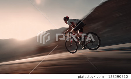 Racing cyclist pedaling road bike, blurred motion silhouetted against sunset sky 128390810