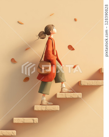 Mature woman climbing stone staircase, autumn leaves drifting around, representing personal transformation and forward momentum 128390828
