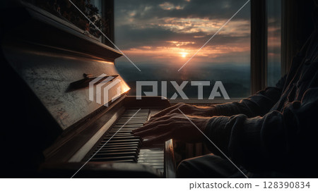 Male hands playing a grand piano by the window at sunset, creating a peaceful and inspiring atmosphere 128390834