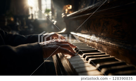 Close-up of male hands playing a vintage grand piano in a beautiful, sunlit room, creating a nostalgic and musical atmosphere 128390835