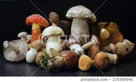 Freshly picked wild mushrooms, showcasing diverse species and vibrant colors, arranged on a dark surface Freshly picked wild mushrooms, showcasing diverse species and vibrant colors, arranged on a dark surface 128390840