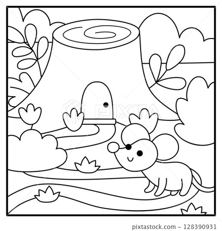 Vector black and white square scene with mouse standing near dwarf house shaped as tree stump. Woodland line landscape with gnome home. Magic forest background, coloring page 128390931