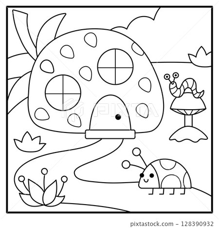 Vector black and white square scene with ladybug standing near dwarf house shaped as strawberry. Woodland line landscape with gnome home. Magic forest background, coloring page 128390932