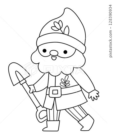 Vector black and white dwarf icon. Magic creature clipart. Cute fairytale line character. Woodland fantasy garden gnome going with shovel. Forest fairy tale illustration, coloring page 128390934