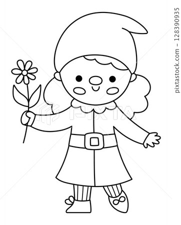 Vector black and white girl dwarf icon. Magic creature line clipart. Cute fairytale character. Woodland fantasy female garden gnome going with shovel. Forest fairy tale illustration, coloring page 128390935