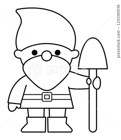 Vector black and white dwarf icon. Magic creature line clipart. Cute fairytale character. Woodland fantasy garden gnome with shovel. Forest fairy tale illustration, coloring page 128390936