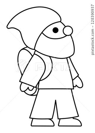 Vector black and white dwarf icon. Magic creature line clipart. Cute fairytale character. Woodland fantasy gnome traveler going with backpack. Forest fairy tale illustration, coloring page 128390937