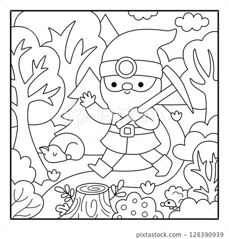 Vector black and white square scene with dwarf going through the forest with pickaxe, waving hand. Line gnome country landscape. Woodland, fantasy forest background, coloring page Vector black and white square scene with dwarf going through the forest with pickaxe, waving hand. Line gnome country landscape. Woodland, fantasy forest background, coloring page 128390939