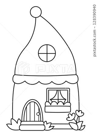 Vector black and white little dwarf house with roof shaped as hat. Tiny gnome home line clipart. Fantasy forest or woodland cottage illustration. Magic fairytale dwelling icon, coloring page Vector black and white little dwarf house with roof shaped as hat. Tiny gnome home line clipart. Fantasy forest or woodland cottage illustration. Magic fairytale dwelling icon, coloring page 128390940