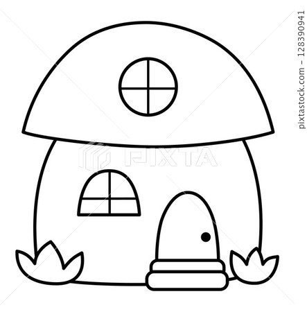 Vector black and white little dwarf house shaped as mushroom. Tiny gnome home line clipart. Fantasy forest or woodland cottage illustration. Magic fairytale dwelling icon, coloring page Vector black and white little dwarf house shaped as mushroom. Tiny gnome home line clipart. Fantasy forest or woodland cottage illustration. Magic fairytale dwelling icon, coloring page 128390941