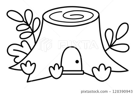 Vector black and white little dwarf house shaped as tree stump. Tiny gnome home line clipart. Fantasy forest or woodland cottage illustration. Magic fairytale dwelling icon, coloring page Vector black and white little dwarf house shaped as tree stump. Tiny gnome home line clipart. Fantasy forest or woodland cottage illustration. Magic fairytale dwelling icon, coloring page 128390943