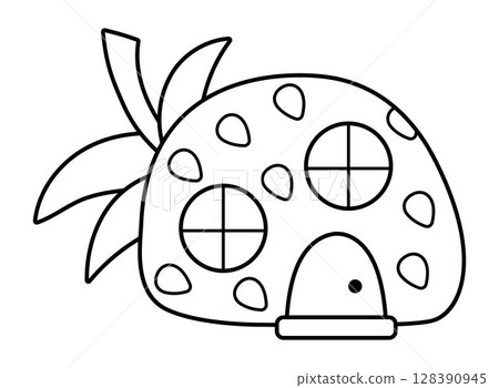 Vector black and white little dwarf house shaped as strawberry. Tiny gnome home line clipart. Fantasy forest or woodland cottage illustration. Magic fairytale dwelling icon or coloring page 128390945